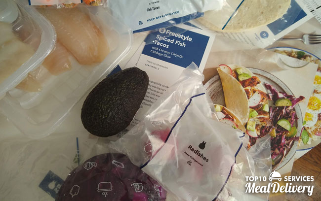 blue apron ingredients on table