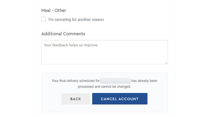 Blue Apron additional comments screen