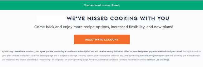 Blue Apron your account is now closed screen