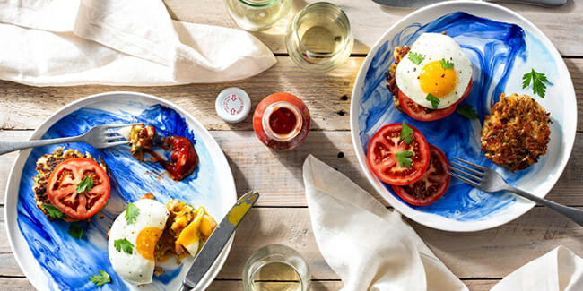 sun basket Breakfast fish cakes with fried eggs and tomato